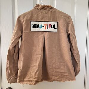 Zara Girls Khaki Ruffle Edge Beautiful Patch Mock Neck Jacket Cotton Size 13-14